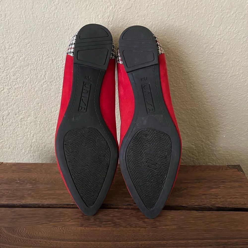 Unisa Classic Ballet Flats Red Suede Black Patent Leather Bow Plaid Back SZ 7.5 - Picture 5 of 6